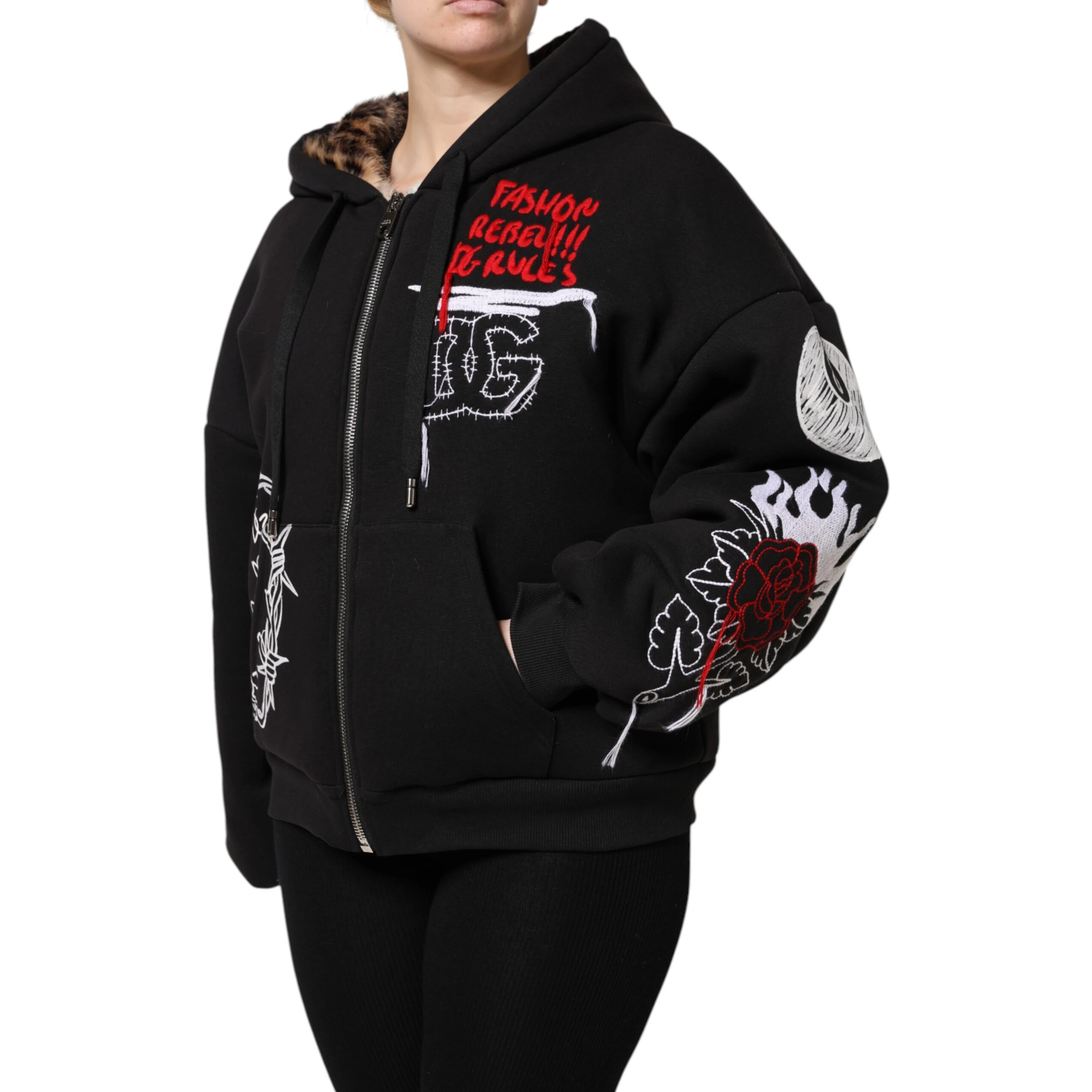 Black Embroidered Full Zip Hooded Jacket