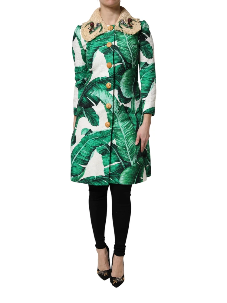 Multicolor Leaf Print Embellished Trenchcoat Jacket