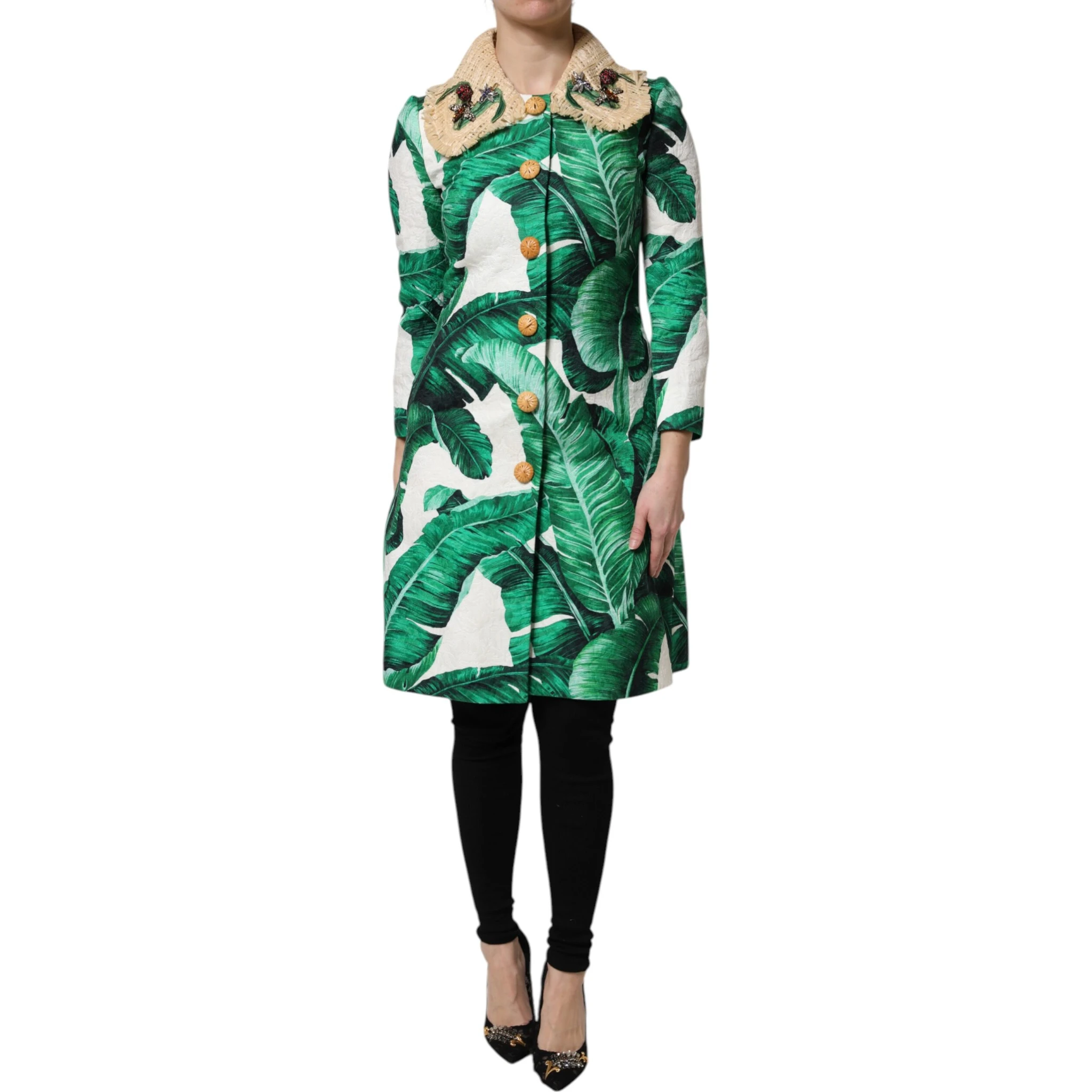 Multicolor Leaf Print Embellished Trenchcoat Jacket