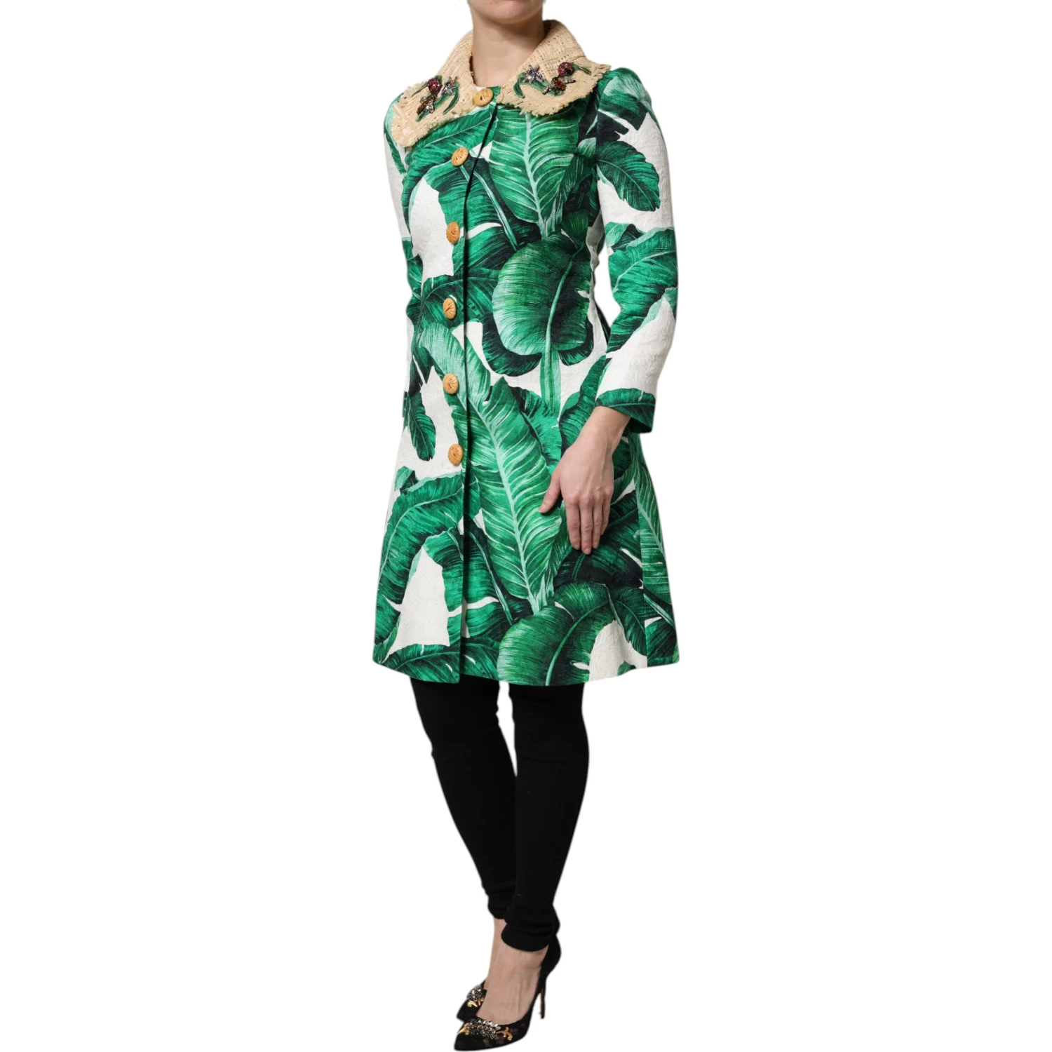 Multicolor Leaf Print Embellished Trenchcoat Jacket
