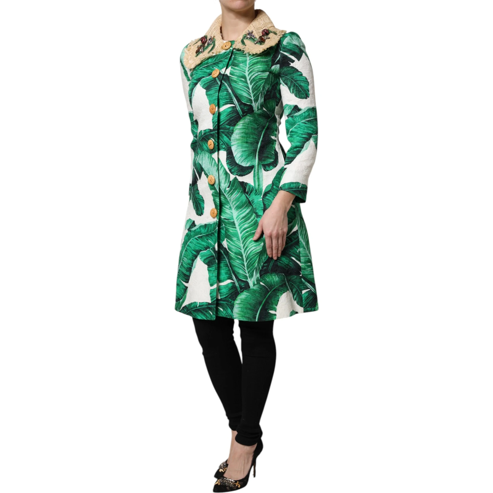 Multicolor Leaf Print Embellished Trenchcoat Jacket