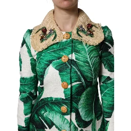 Multicolor Leaf Print Embellished Trenchcoat Jacket