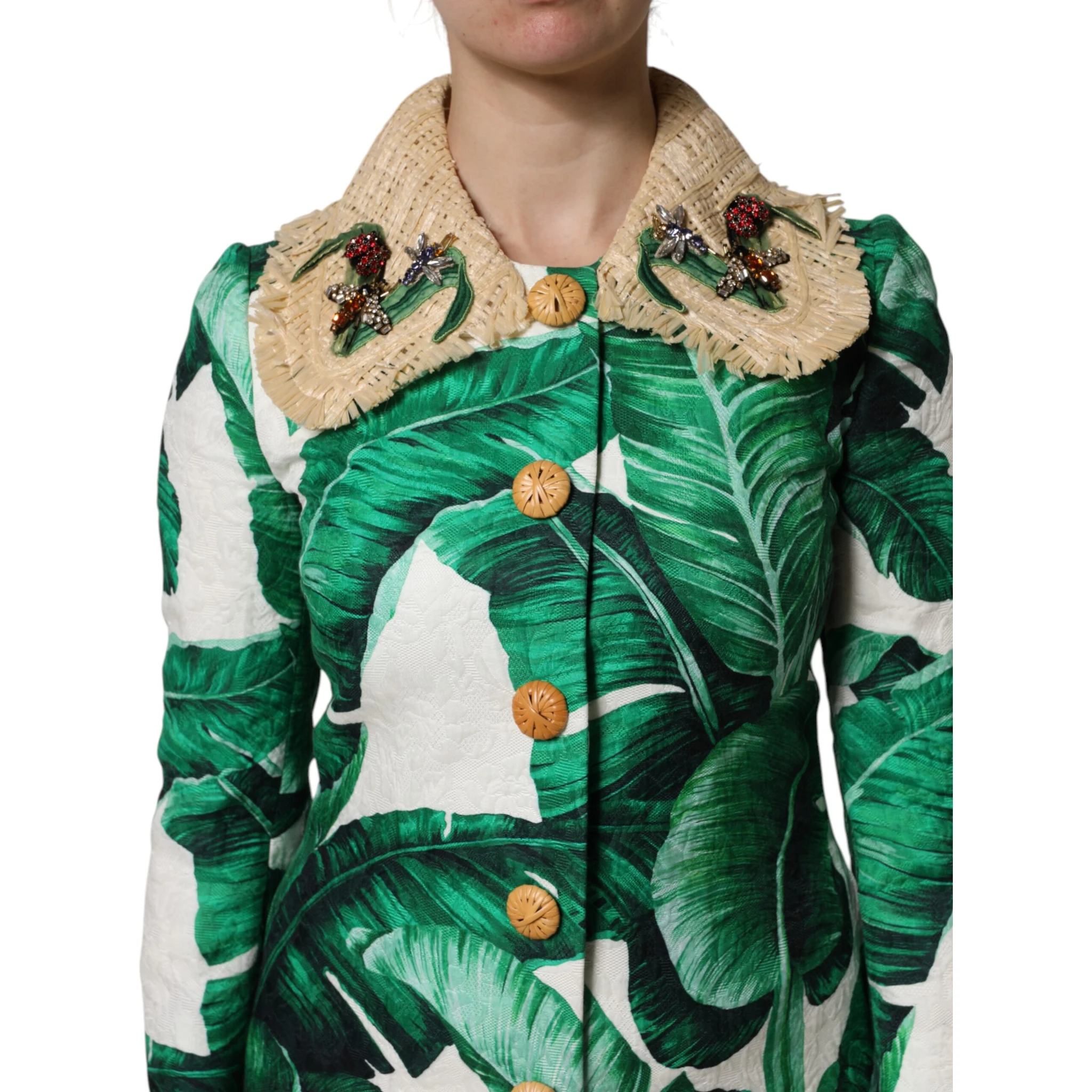 Multicolor Leaf Print Embellished Trenchcoat Jacket