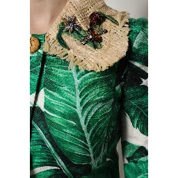 Multicolor Leaf Print Embellished Trenchcoat Jacket