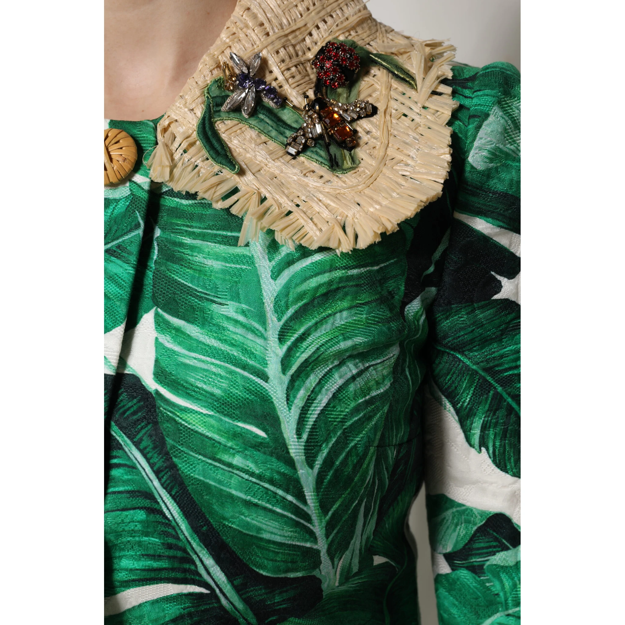 Multicolor Leaf Print Embellished Trenchcoat Jacket