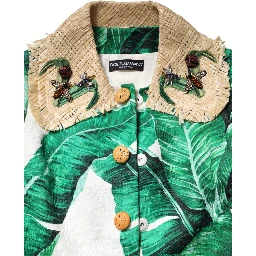 Multicolor Leaf Print Embellished Trenchcoat Jacket