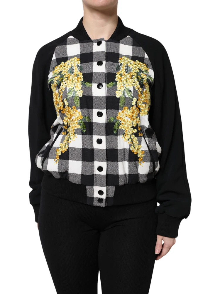 Black White Check Floral Button Down Jacket