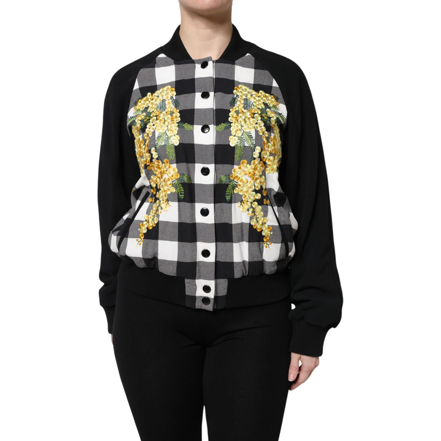 Black White Check Floral Button Down Jacket
