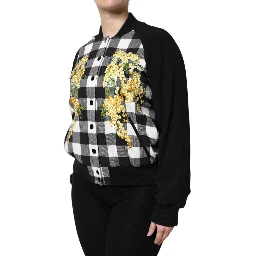 Black White Check Floral Button Down Jacket