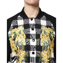 Black White Check Floral Button Down Jacket