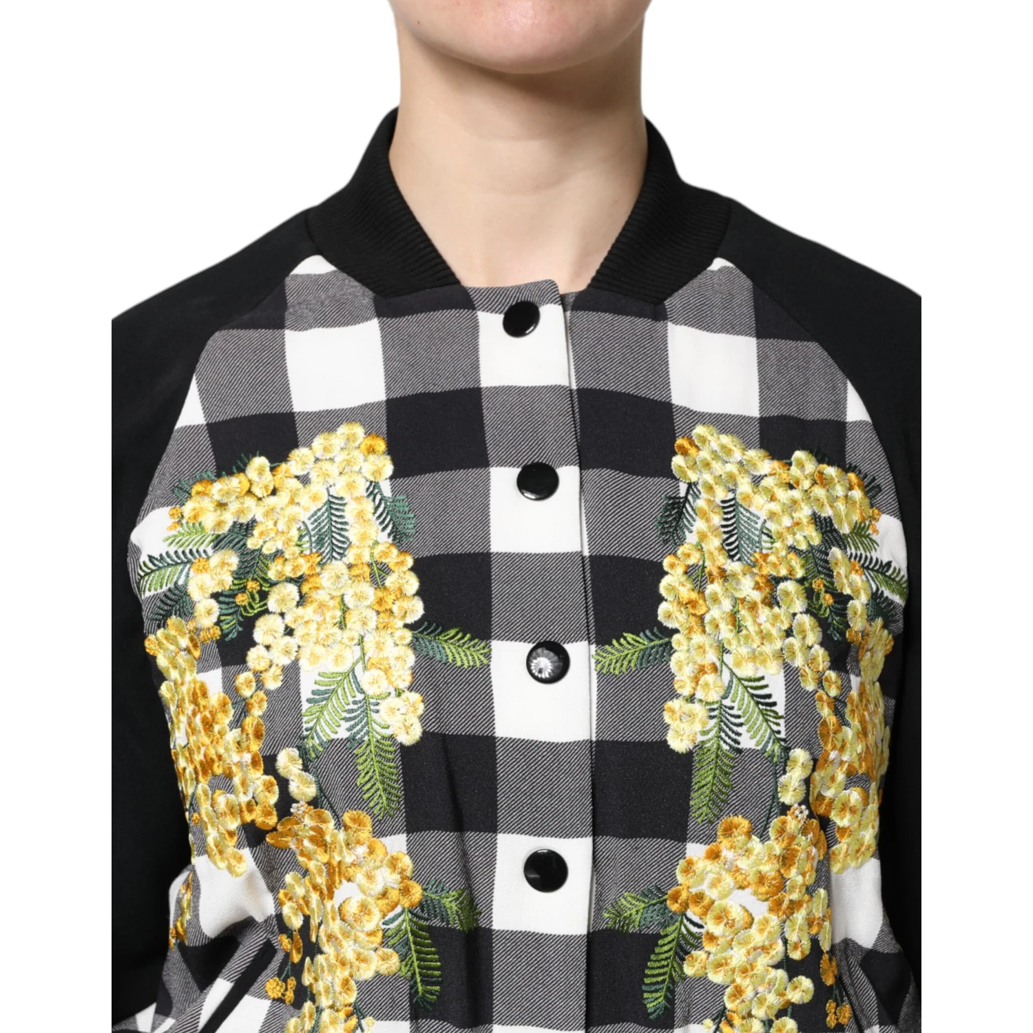 Black White Check Floral Button Down Jacket