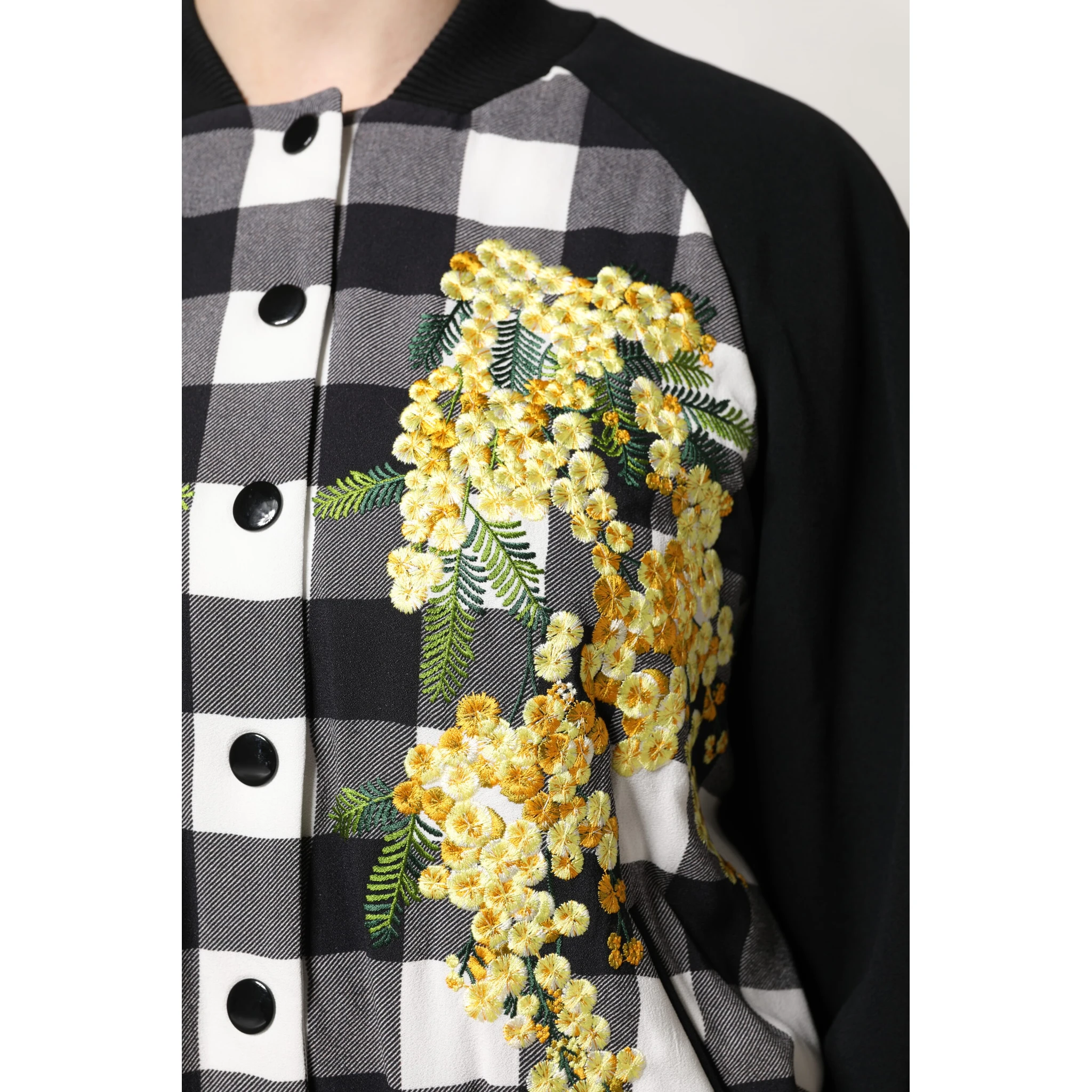 Black White Check Floral Button Down Jacket