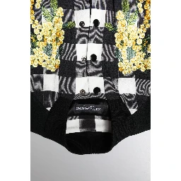 Black White Check Floral Button Down Jacket