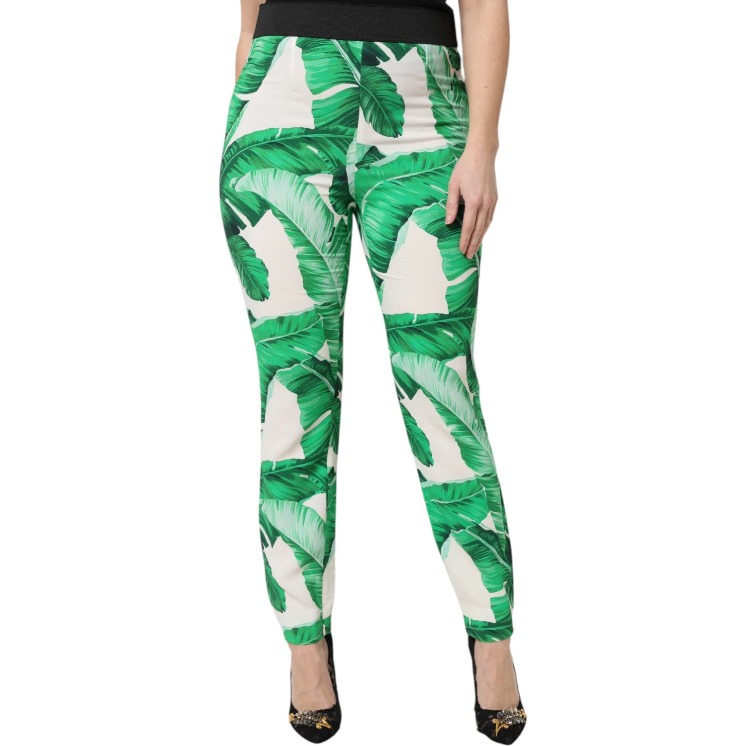 White Green Leaf High Waist Pants
