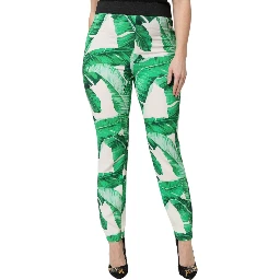 White Green Leaf High Waist Pants