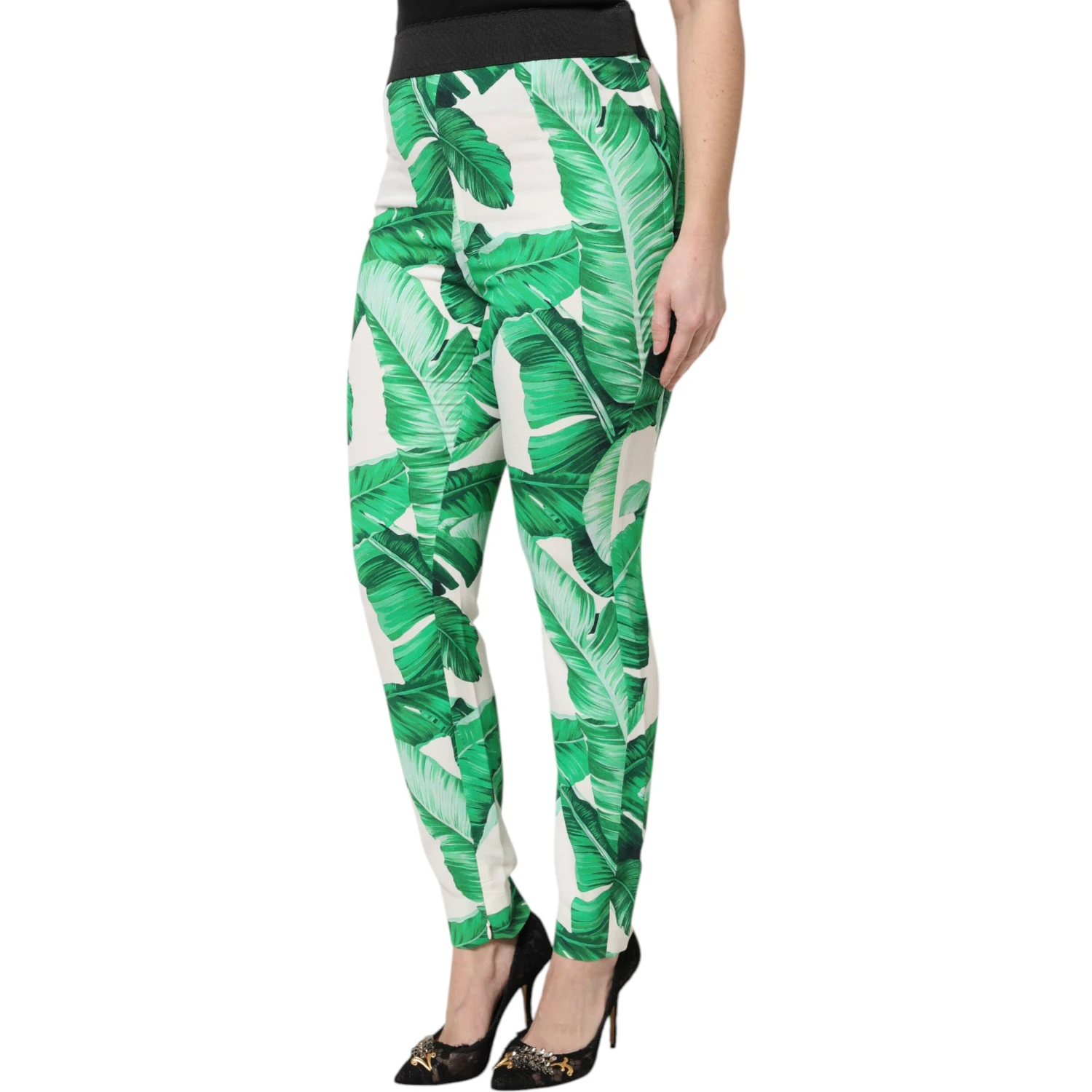 White Green Leaf High Waist Pants