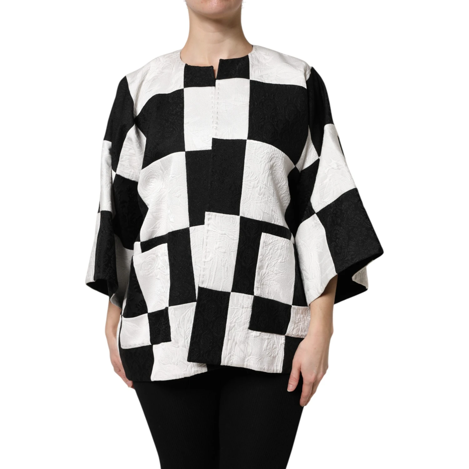 White Black Patchwork Jacquard Blazer Jacket