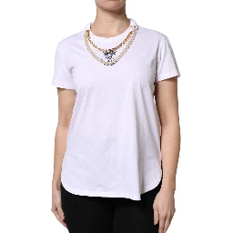 White Chain Pearl Cotton Round Neck T-shirt