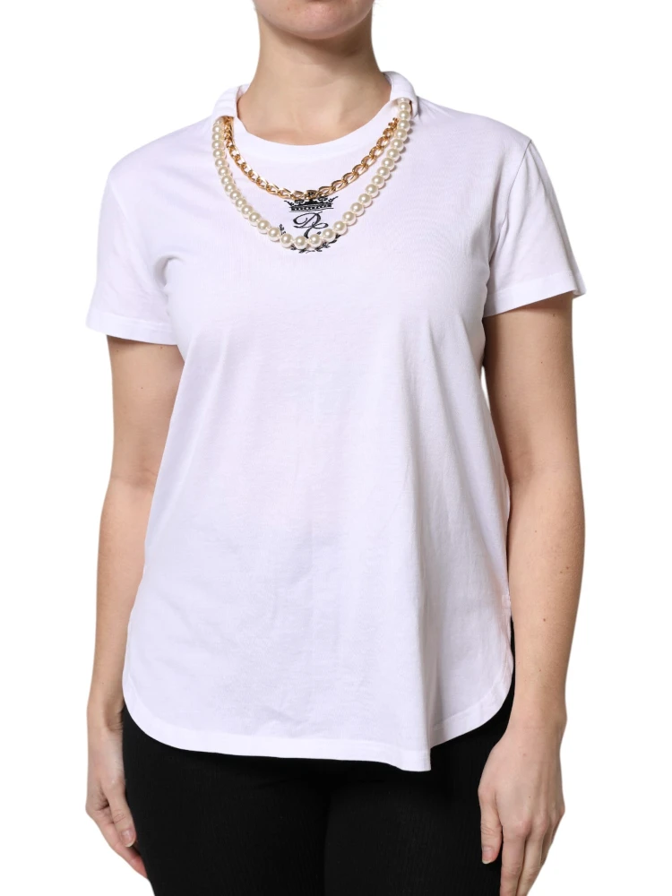 White Chain Pearl Cotton Round Neck T-shirt