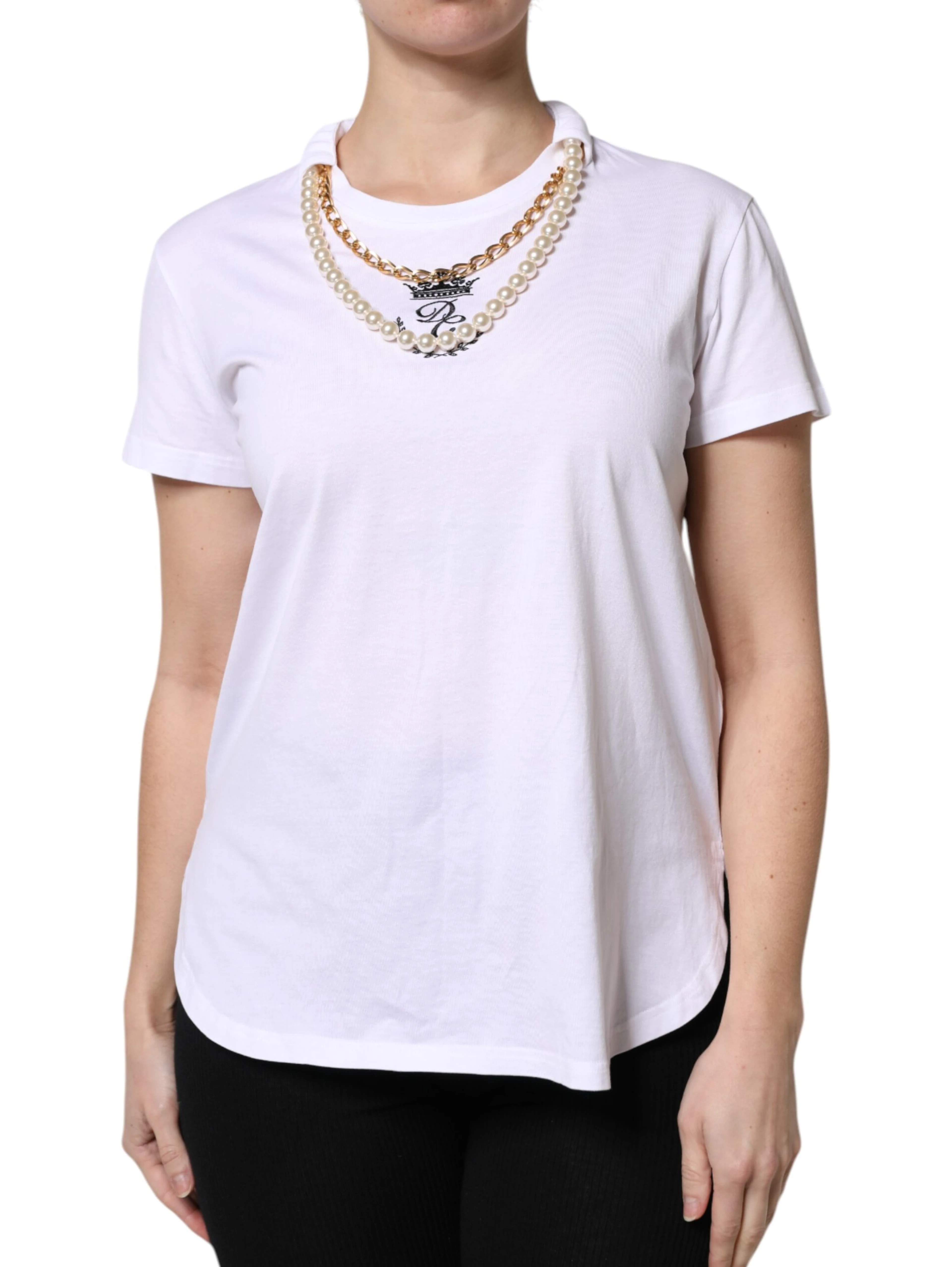 White Chain Pearl Cotton Round Neck T-shirt