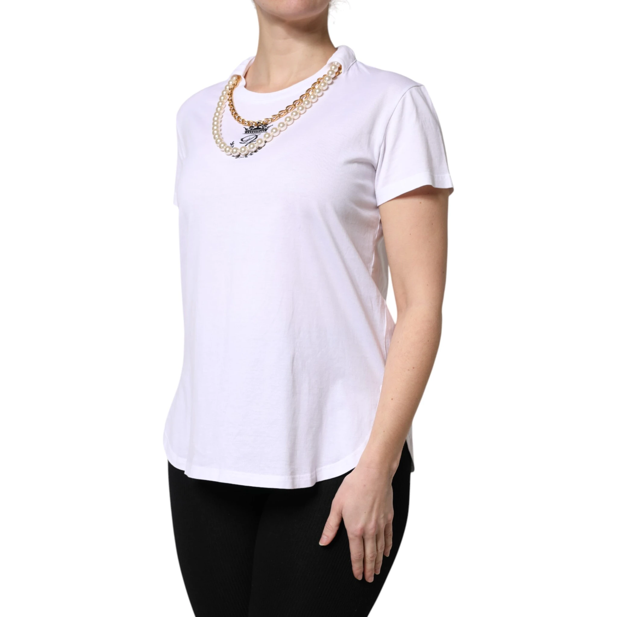 White Chain Pearl Cotton Round Neck T-shirt