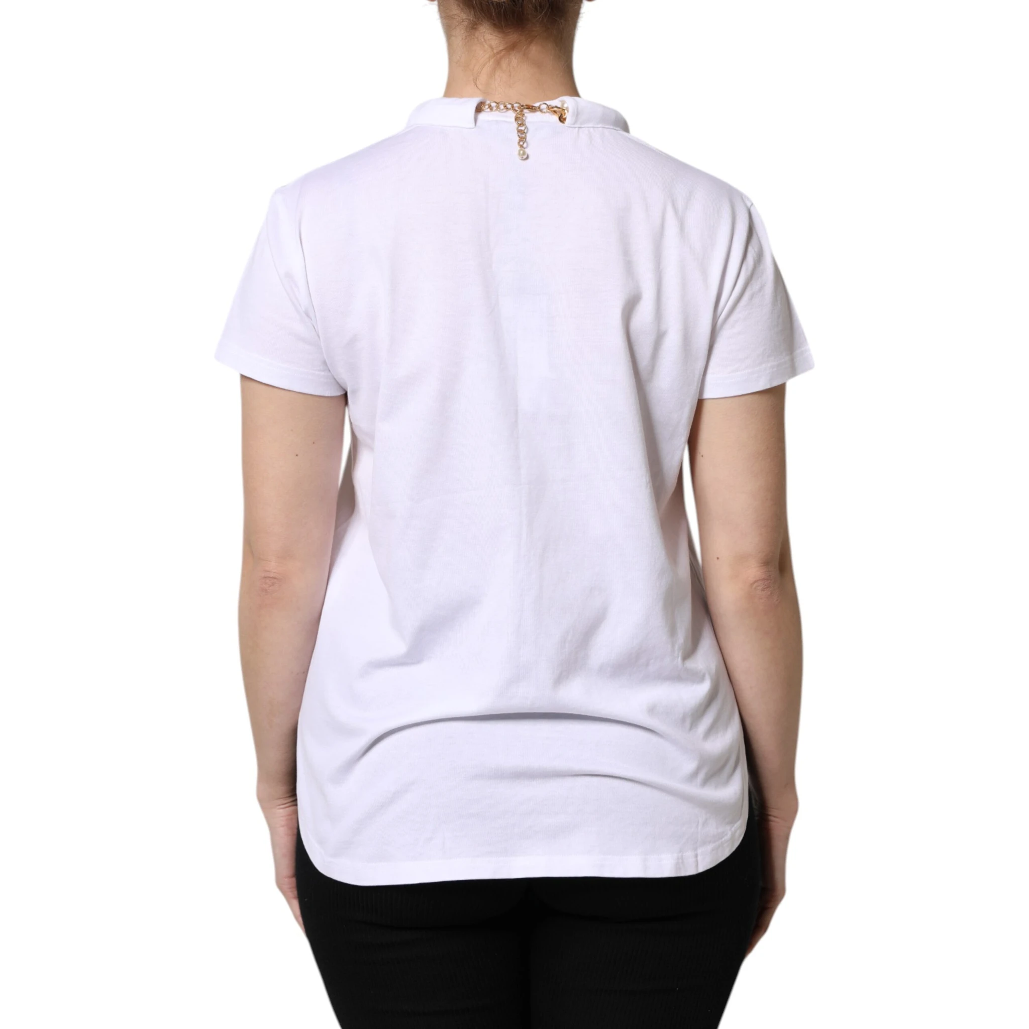 White Chain Pearl Cotton Round Neck T-shirt
