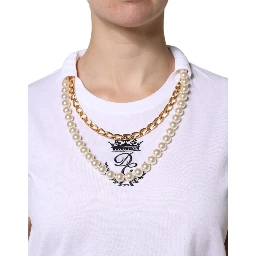 White Chain Pearl Cotton Round Neck T-shirt