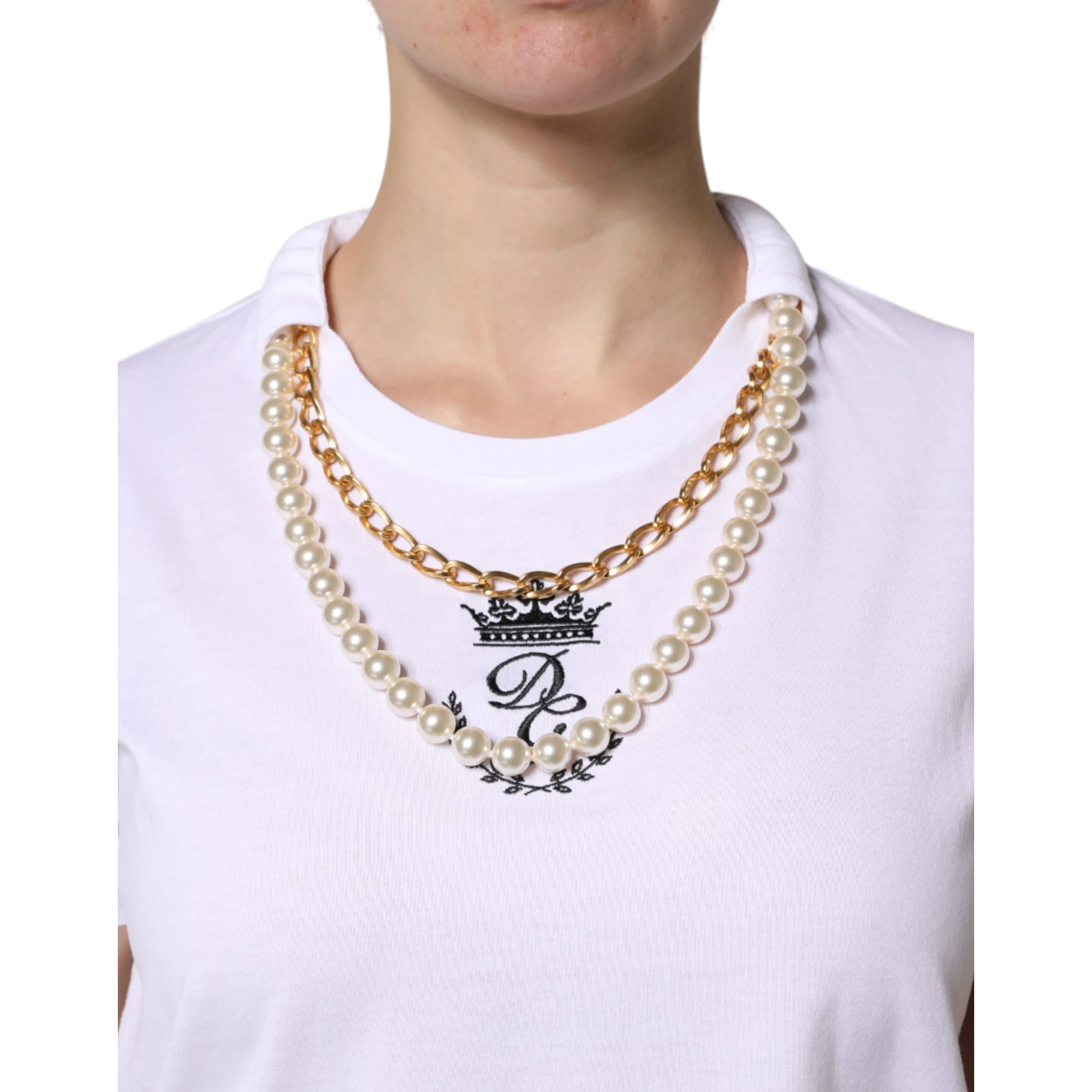 White Chain Pearl Cotton Round Neck T-shirt