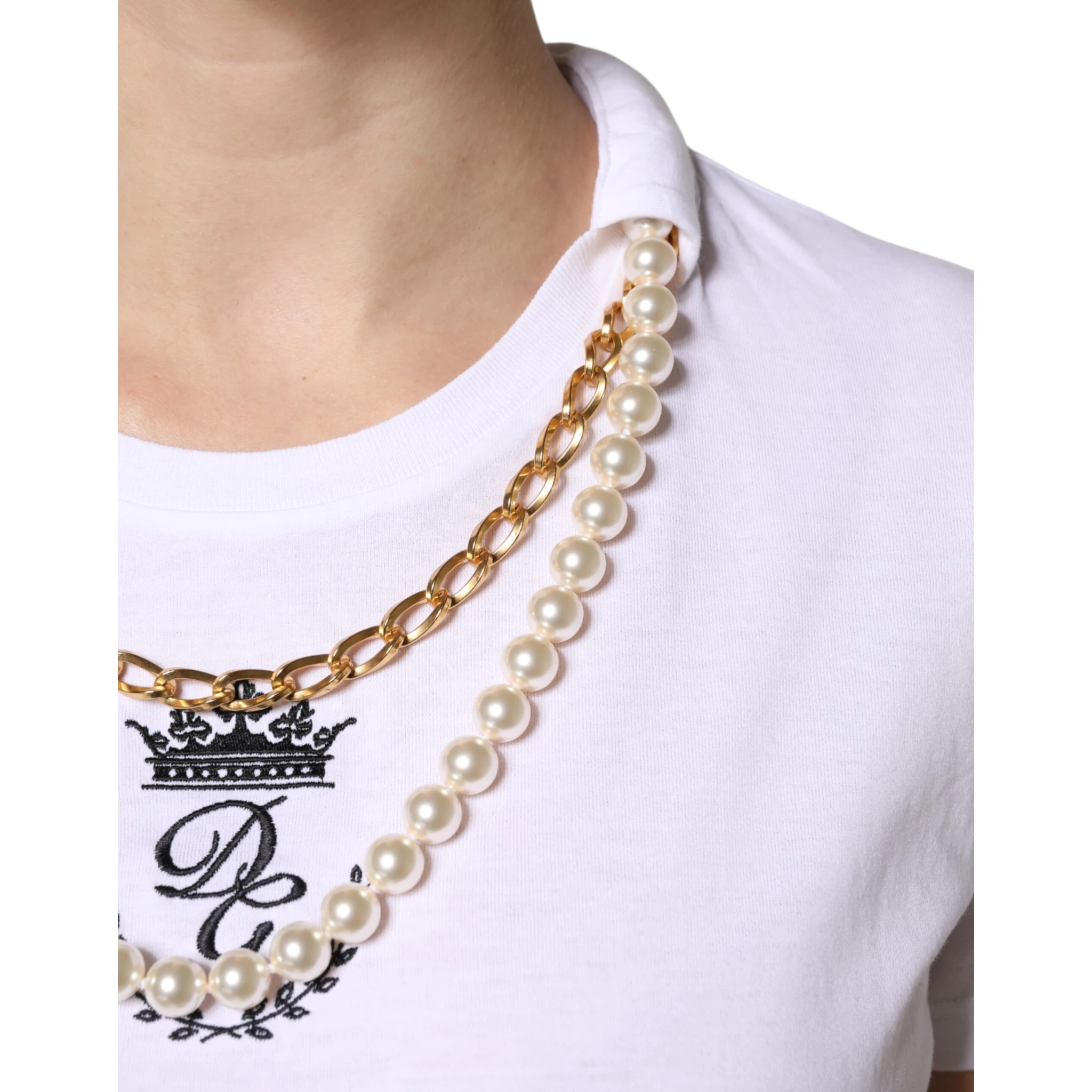 White Chain Pearl Cotton Round Neck T-shirt