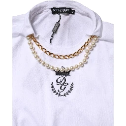 White Chain Pearl Cotton Round Neck T-shirt