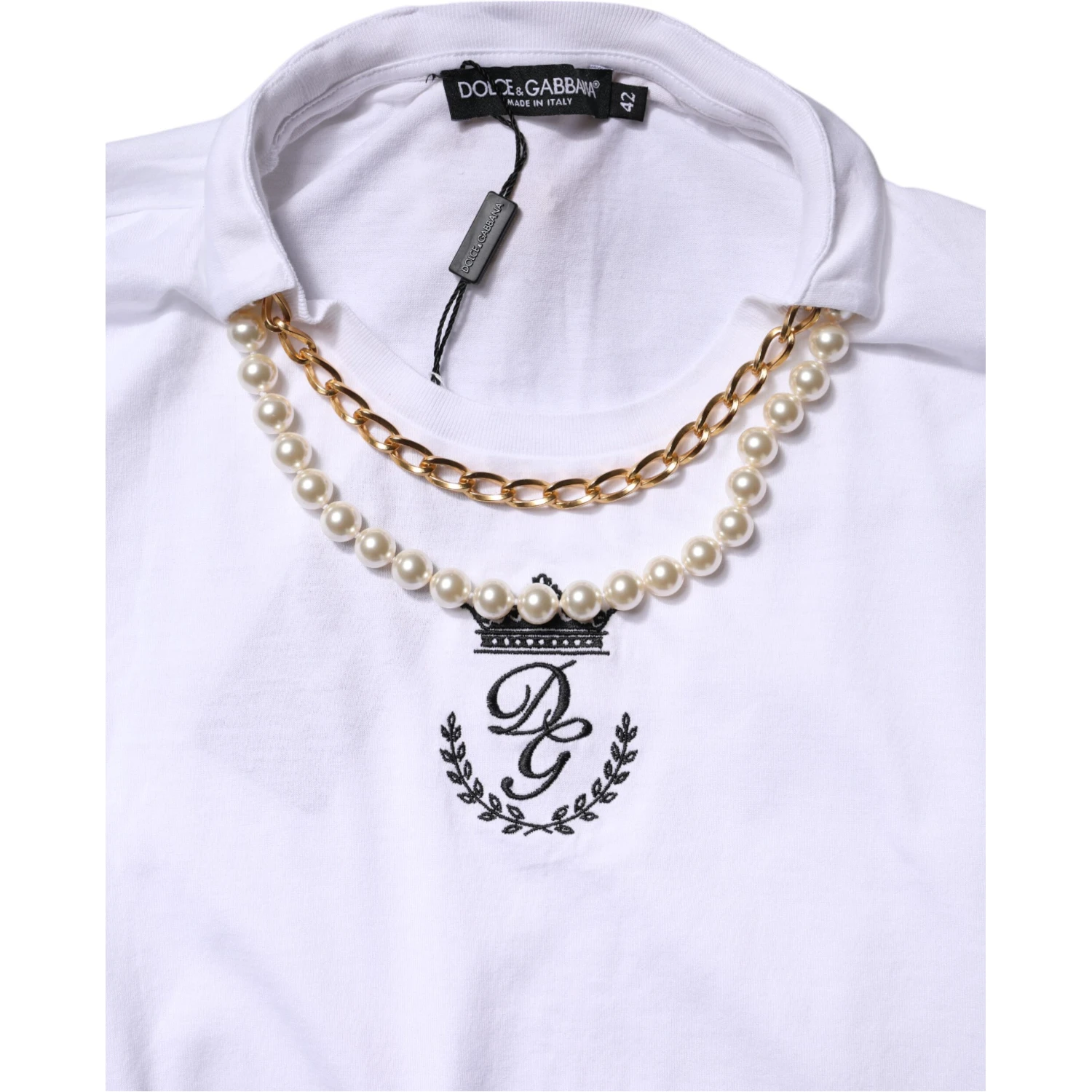 White Chain Pearl Cotton Round Neck T-shirt