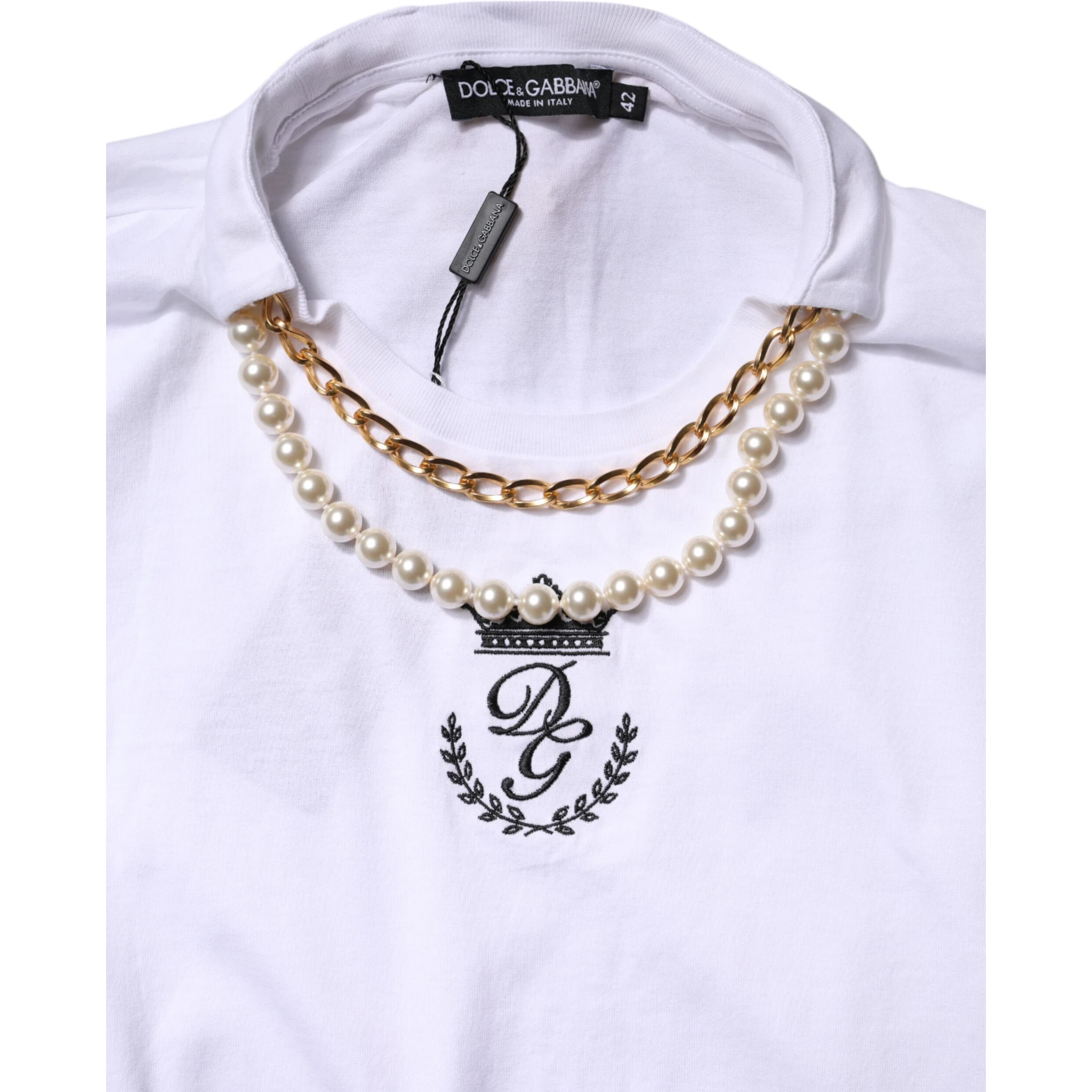 White Chain Pearl Cotton Round Neck T-shirt