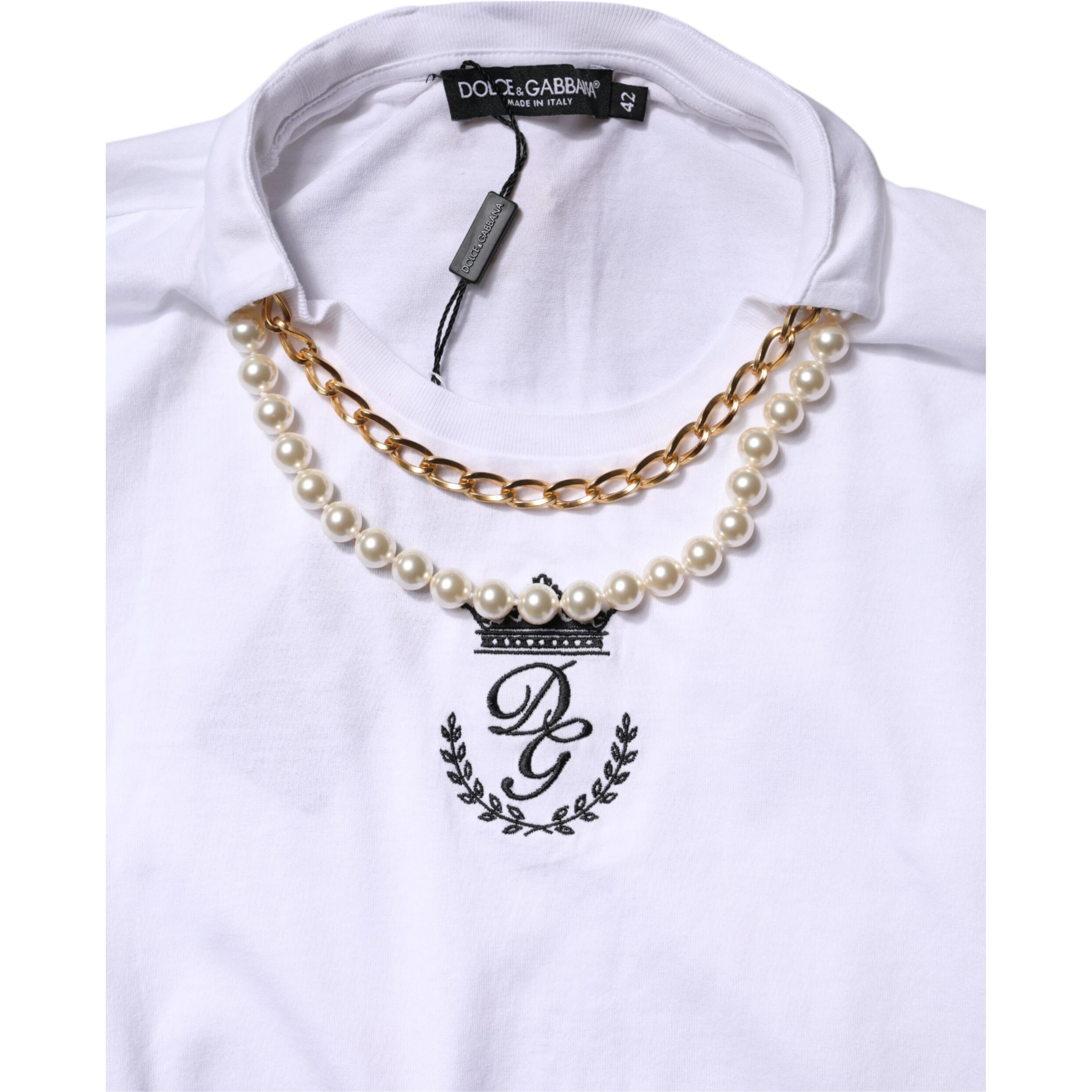 White Chain Pearl Cotton Round Neck T-shirt
