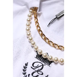 White Chain Pearl Cotton Round Neck T-shirt