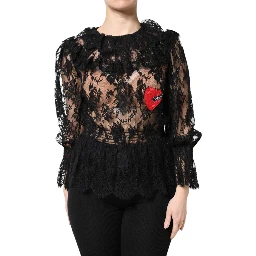 Black Cotton Floral Lace Women Blouse Top