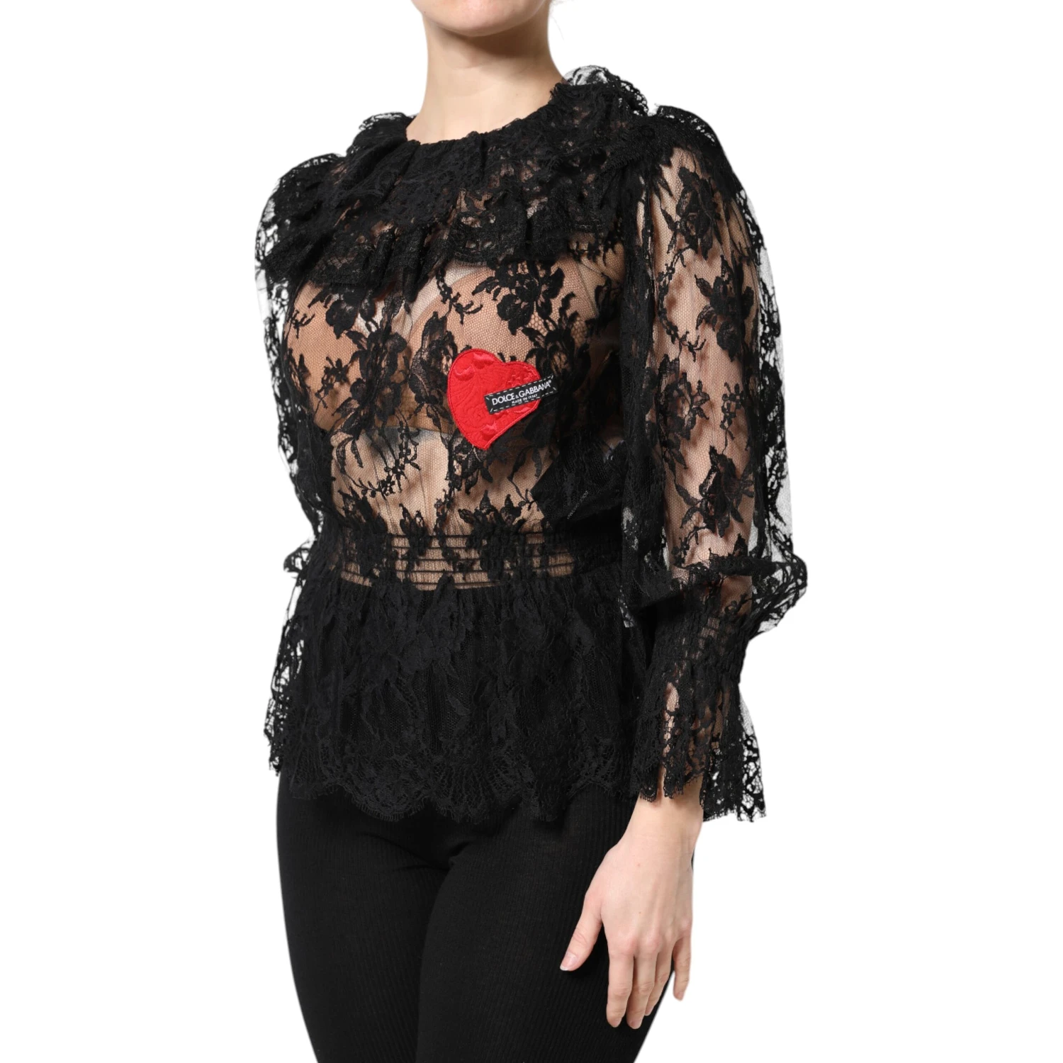 Black Cotton Floral Lace Women Blouse Top