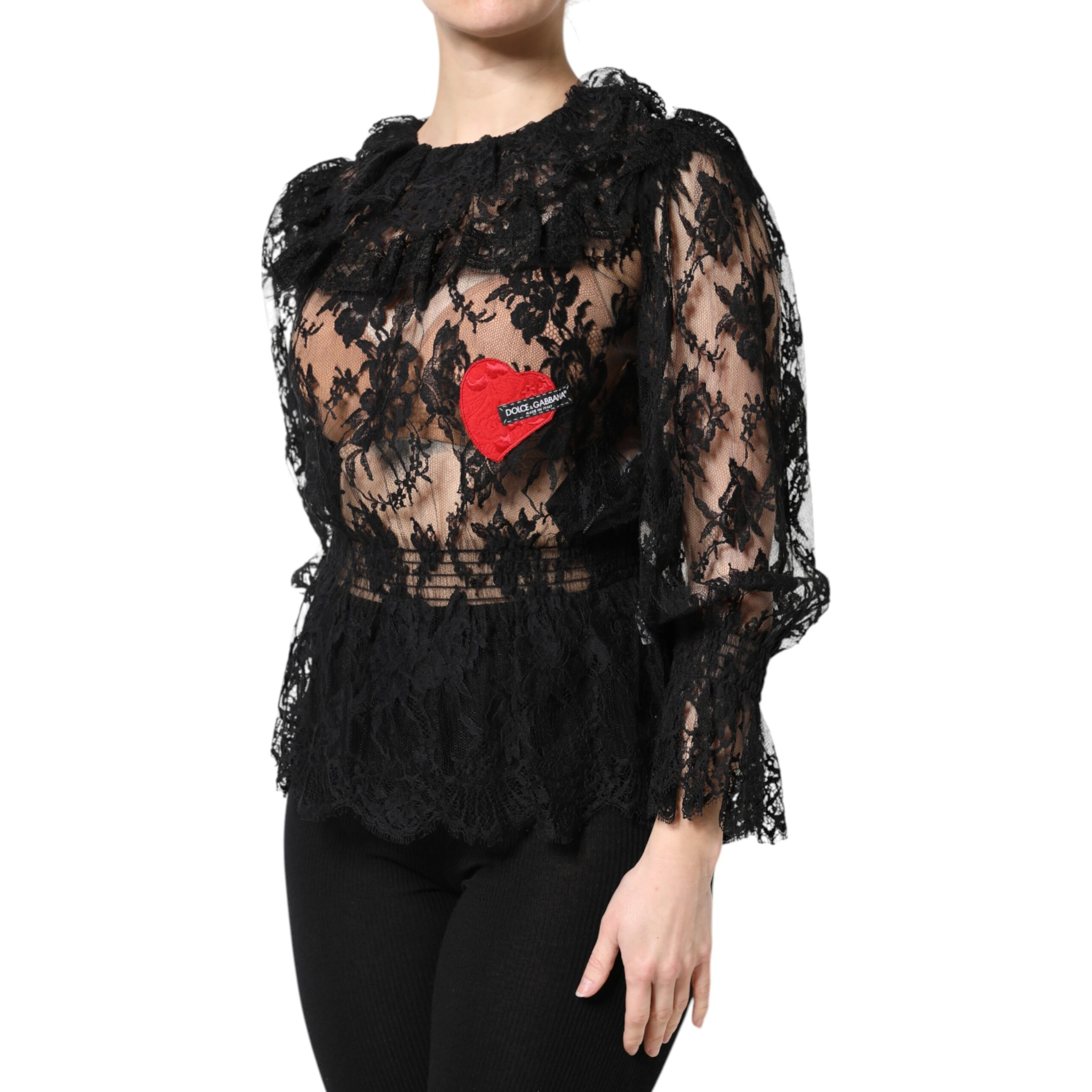 Black Cotton Floral Lace Women Blouse Top