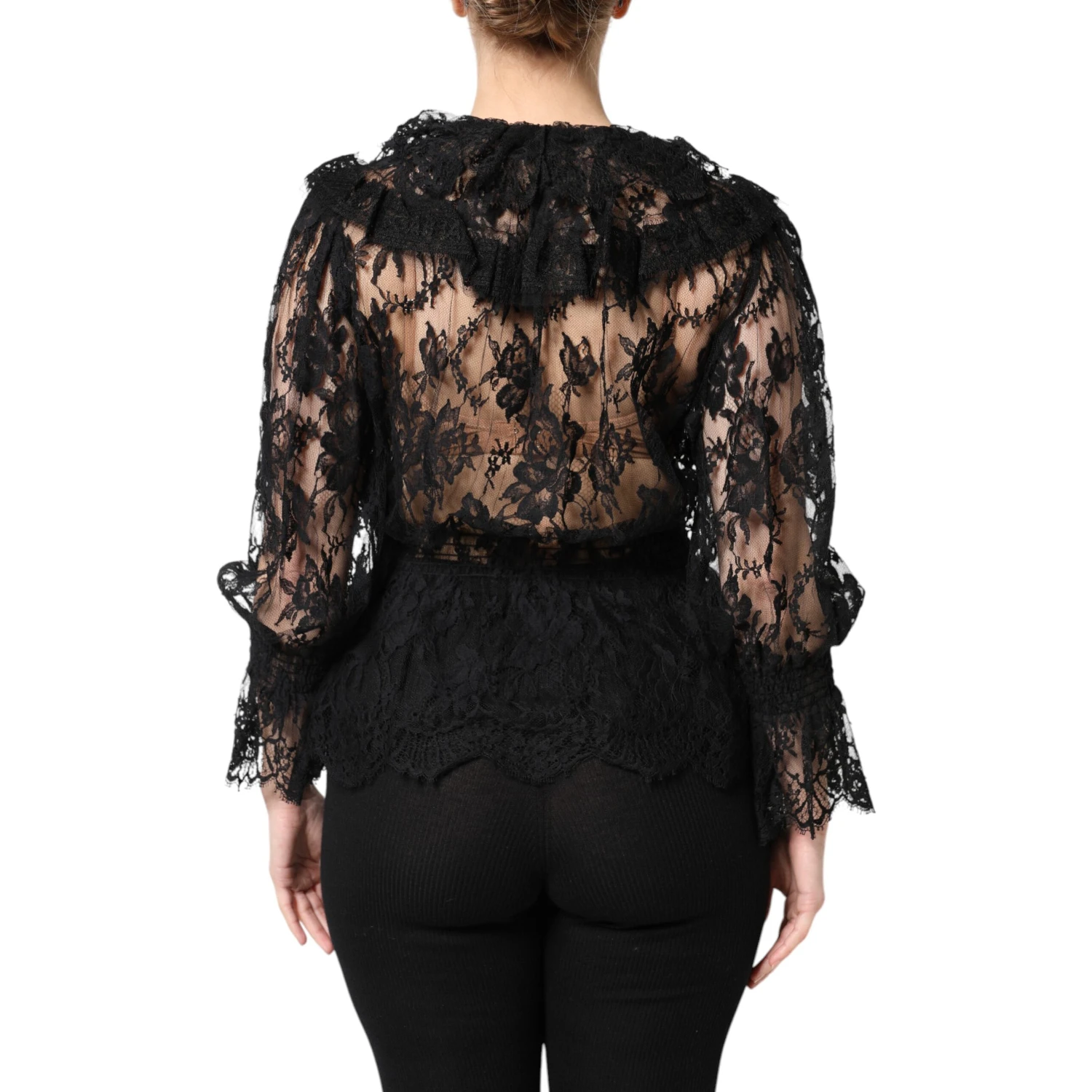 Black Cotton Floral Lace Women Blouse Top