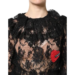 Black Cotton Floral Lace Women Blouse Top