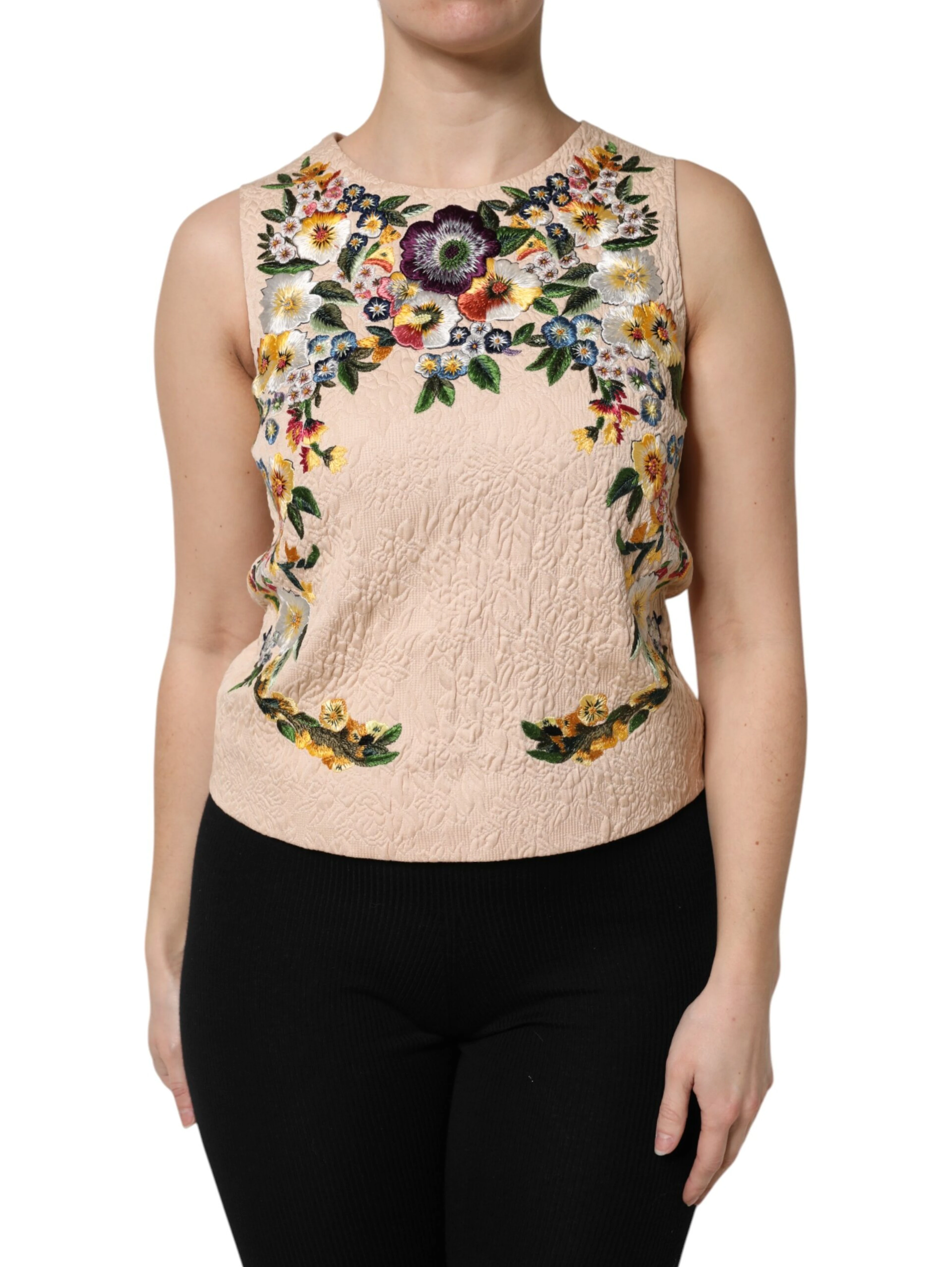 Beige Floral Embroidery Sleeveless Tank Top