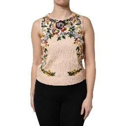 Beige Floral Embroidery Sleeveless Tank Top