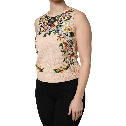 Beige Floral Embroidery Sleeveless Tank Top