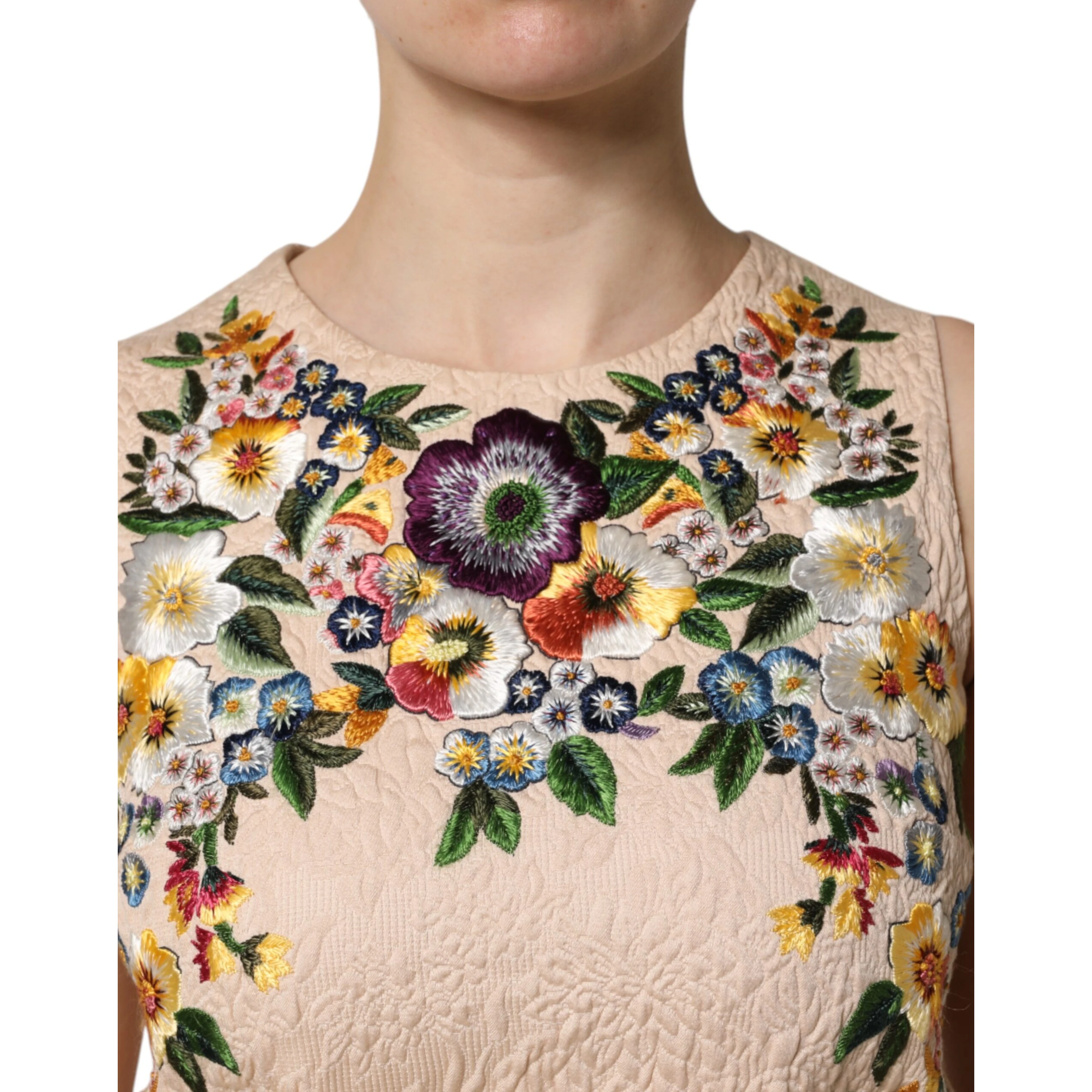Beige Floral Embroidery Sleeveless Tank Top