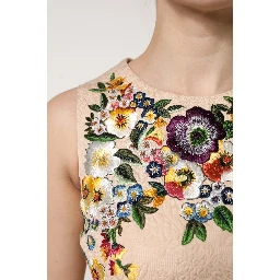 Beige Floral Embroidery Sleeveless Tank Top