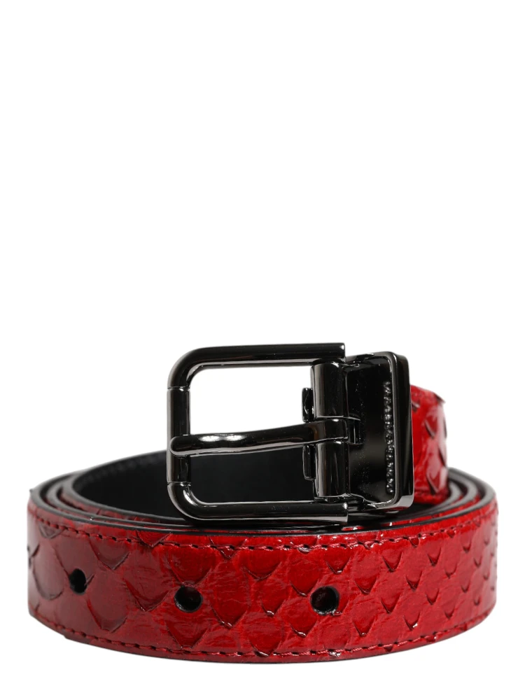 Red Exotic Leather Brass Metal Buckle Belt