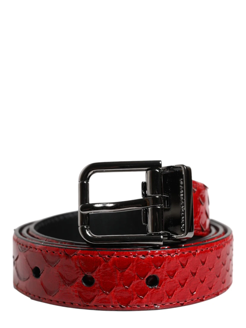 Red Exotic Leather Brass Metal Buckle Belt