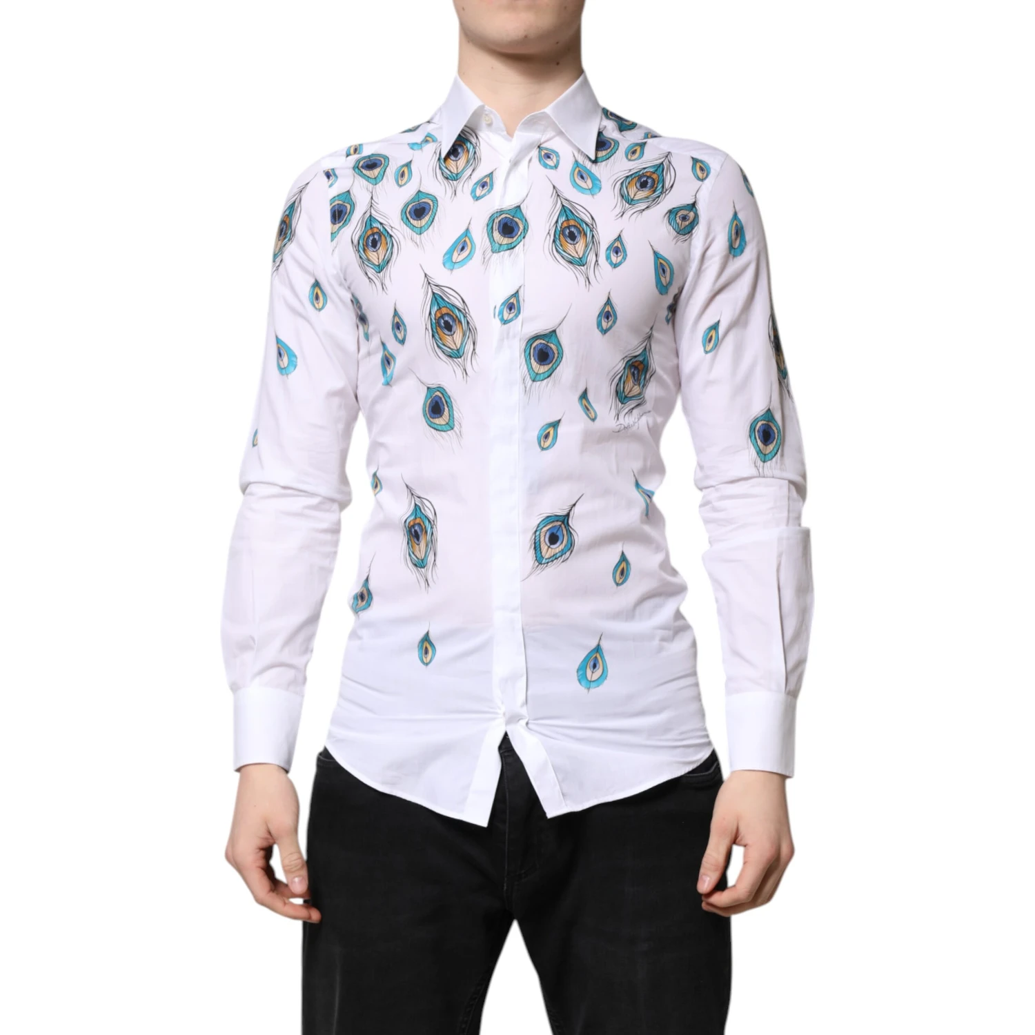 White Cotton Feather Print GOLD Dress Shirt