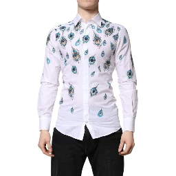 White Cotton Feather Print GOLD Dress Shirt