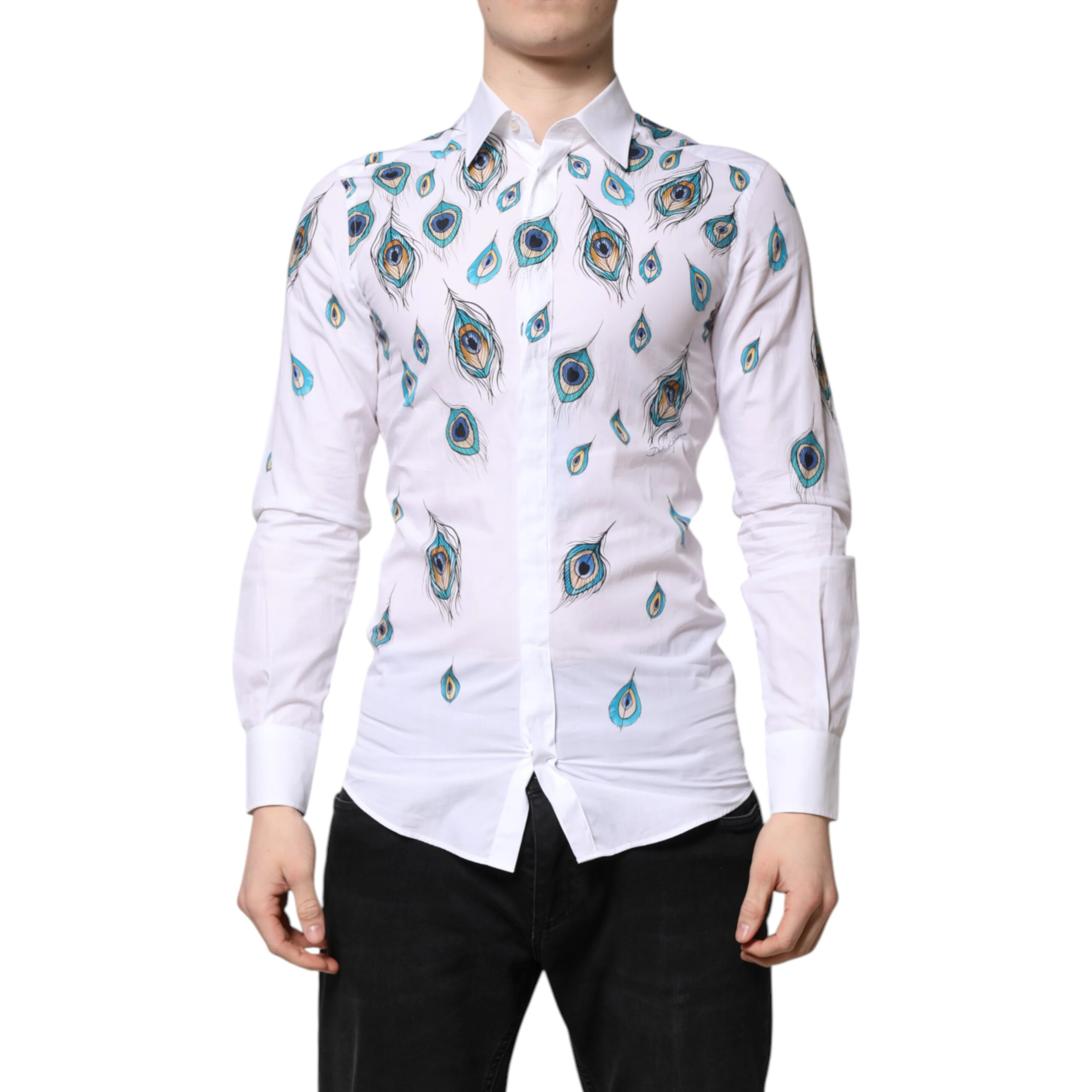 White Cotton Feather Print GOLD Dress Shirt