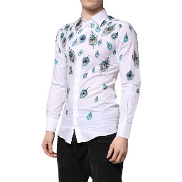 White Cotton Feather Print GOLD Dress Shirt